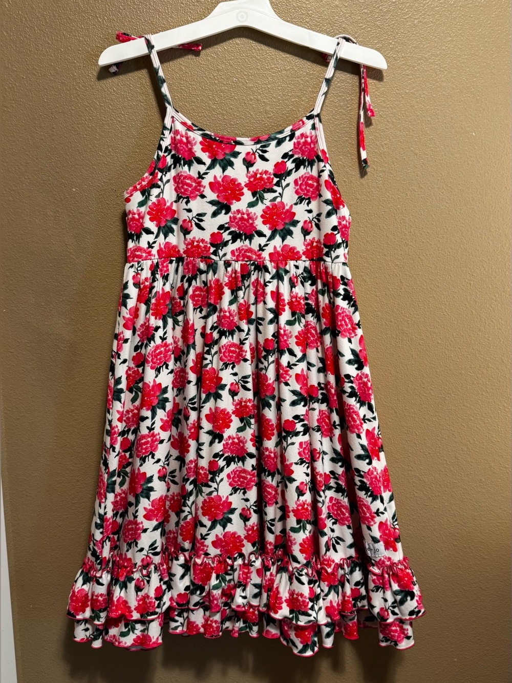 Jane + Jo Girls Floral Tie Strap Dress Size 12 Pink White Ruffle Hem